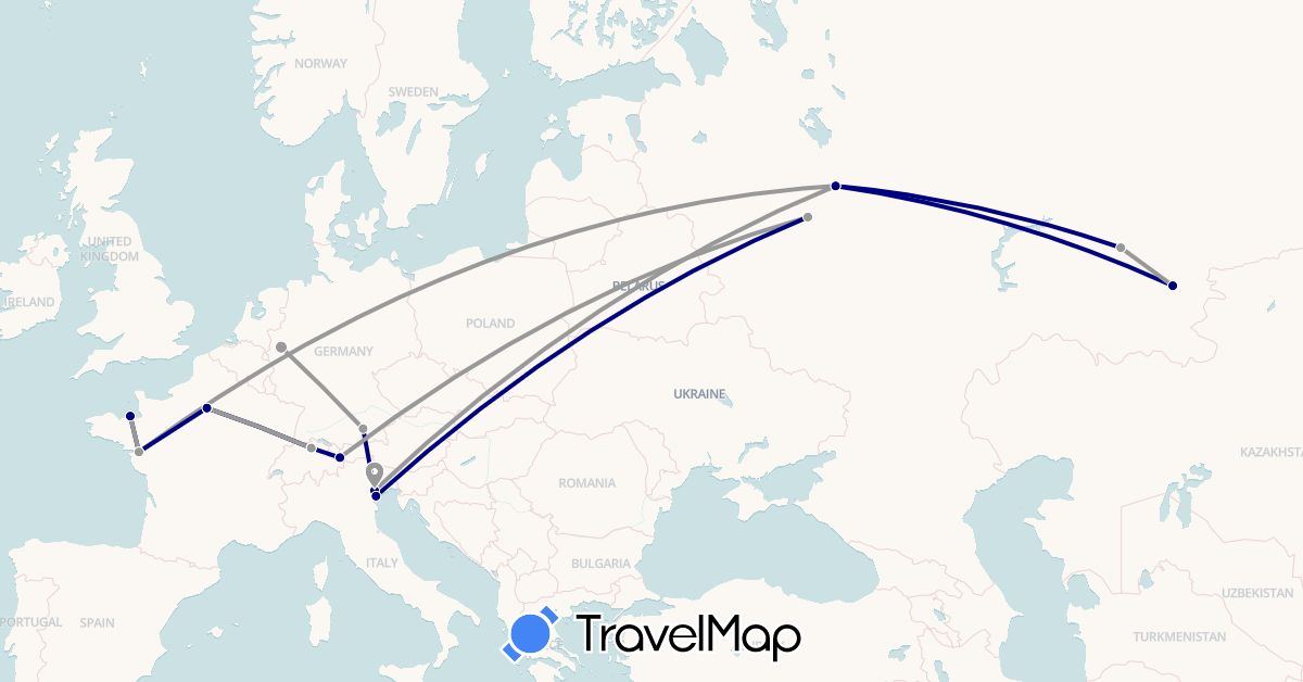 TravelMap itinerary: driving, plane in Austria, Switzerland, Germany, France, Italy, Russia (Europe)