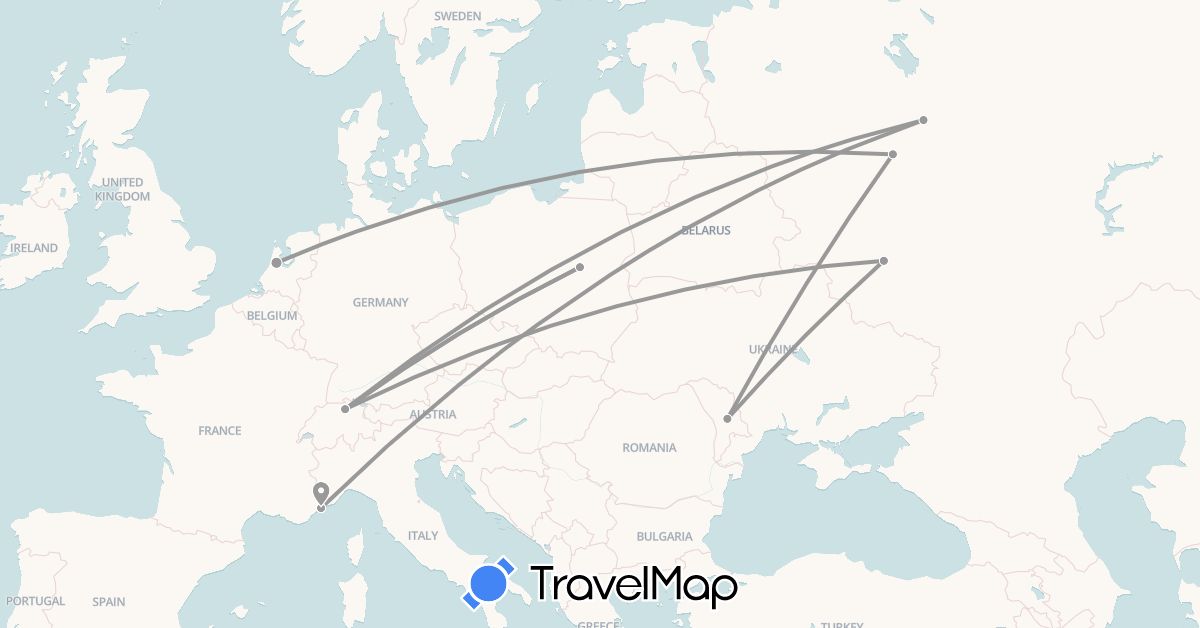 TravelMap itinerary: driving, plane in Switzerland, France, Moldova, Netherlands, Poland, Russia (Europe)
